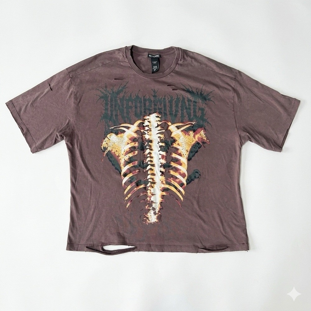 Hot Topic Unforgiving Shirt Rib Cage Skeleton Distressed T-Shirt Brown Size  L